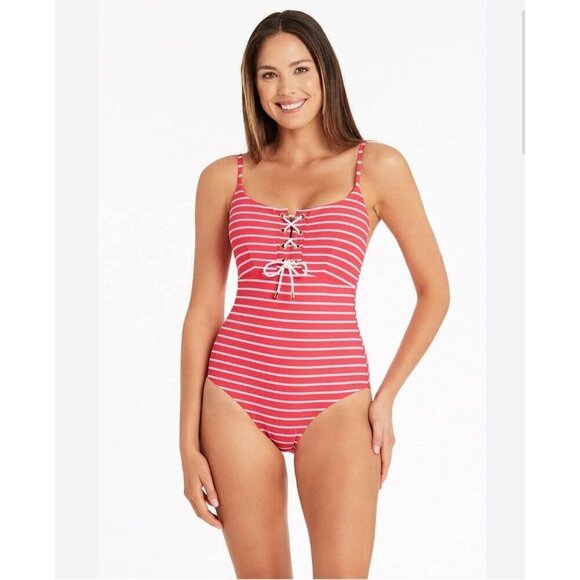 SEA LEVEL SWIM Chamarel Lace-Up Bralette One-Piece Swimsuit Coral Red US 6 New - Picture 1 of 8